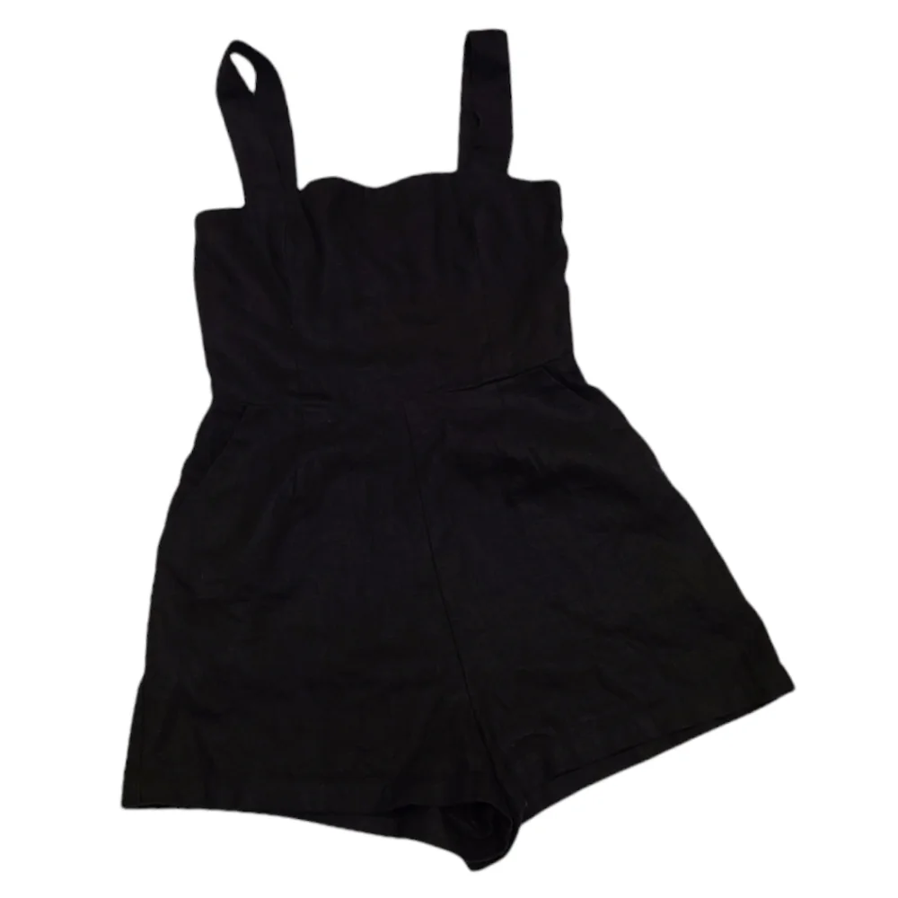 Reformation Black Square-Neck Romper Linen